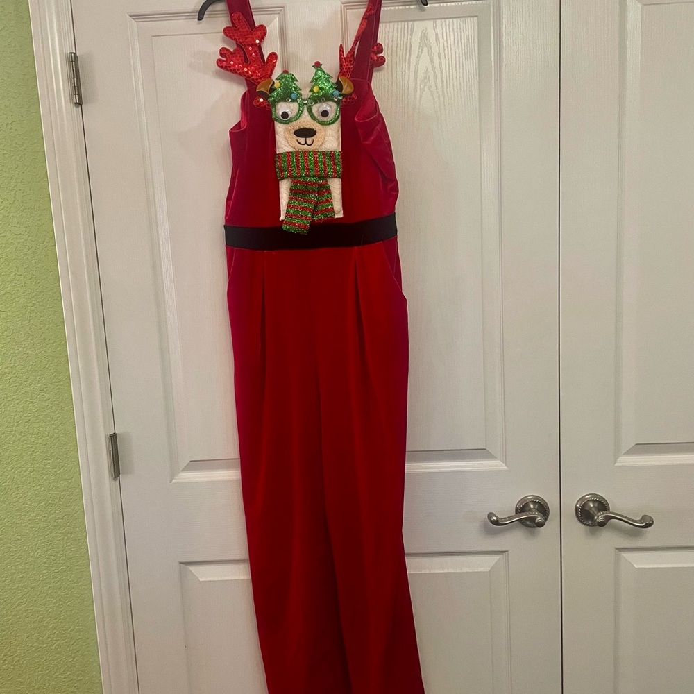 Red Holiday Jumpsuit with Reindeer Scarf L NWT